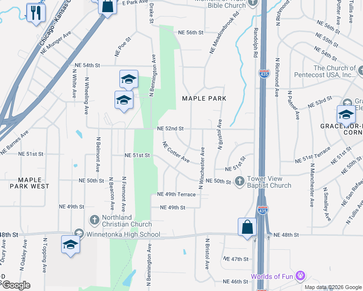 map of restaurants, bars, coffee shops, grocery stores, and more near 6728 Northeast Cotter Avenue in Kansas City