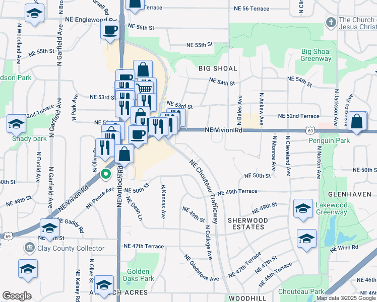 map of restaurants, bars, coffee shops, grocery stores, and more near 5090 Northeast Chouteau Drive in Kansas City
