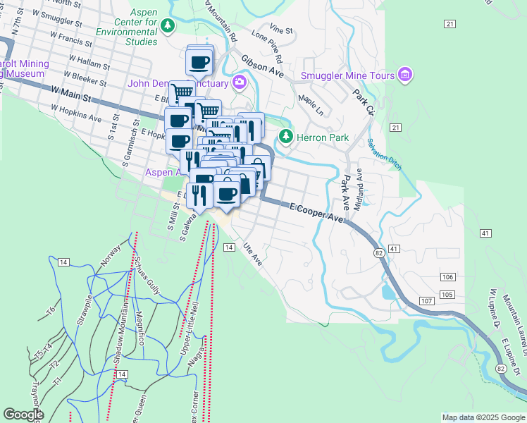 map of restaurants, bars, coffee shops, grocery stores, and more near 825 East Dean Street in Aspen