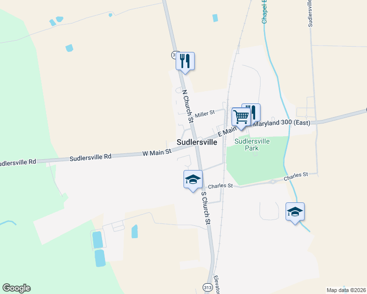 map of restaurants, bars, coffee shops, grocery stores, and more near 108 Church Circle in Sudlersville