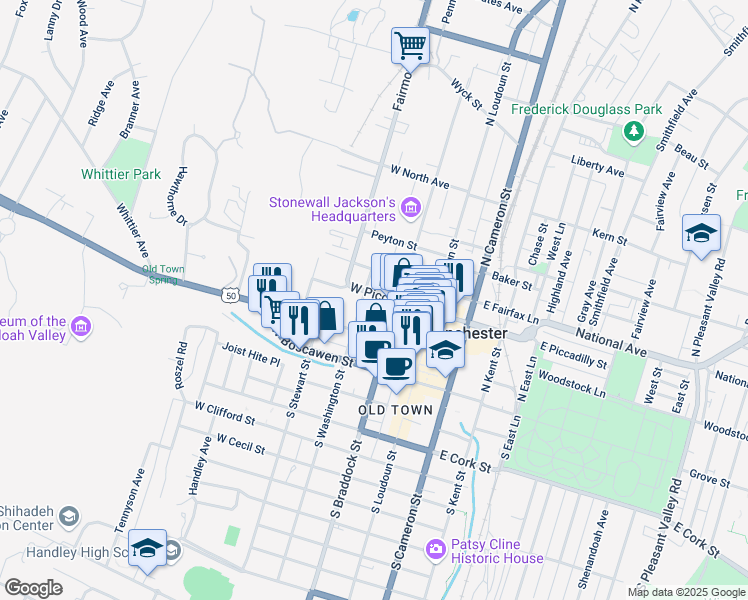 map of restaurants, bars, coffee shops, grocery stores, and more near 142 North Washington Street in Winchester