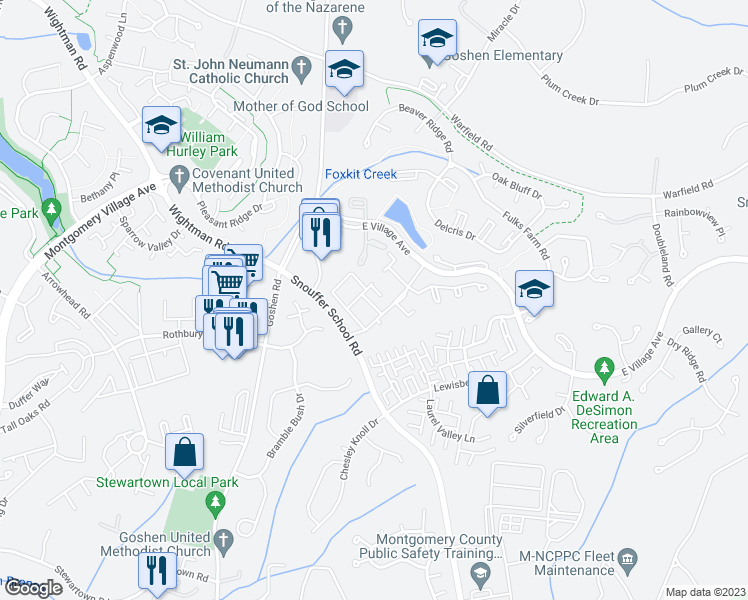map of restaurants, bars, coffee shops, grocery stores, and more near 20115 Welbeck Terrace in Montgomery Village