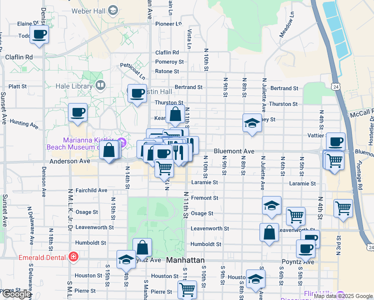 map of restaurants, bars, coffee shops, grocery stores, and more near Bluemont Ave & N 11th St in Manhattan