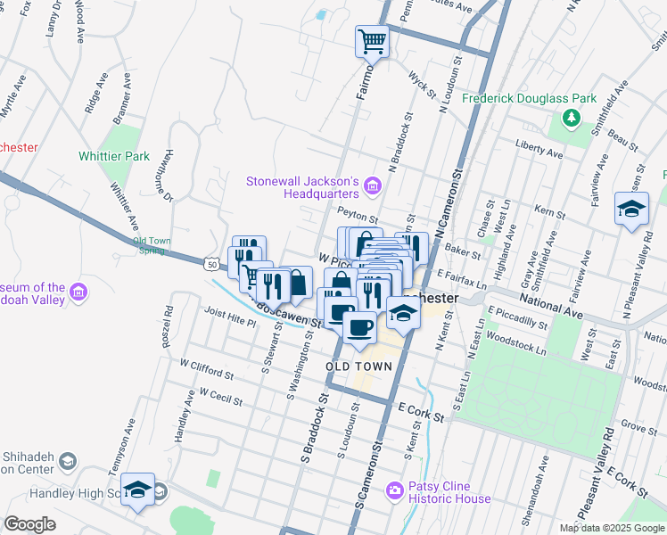 map of restaurants, bars, coffee shops, grocery stores, and more near 138 North Washington Street in Winchester