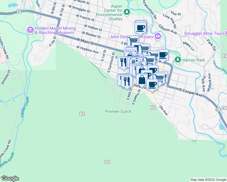 map of restaurants, bars, coffee shops, grocery stores, and more near 700 South Aspen Street in Aspen