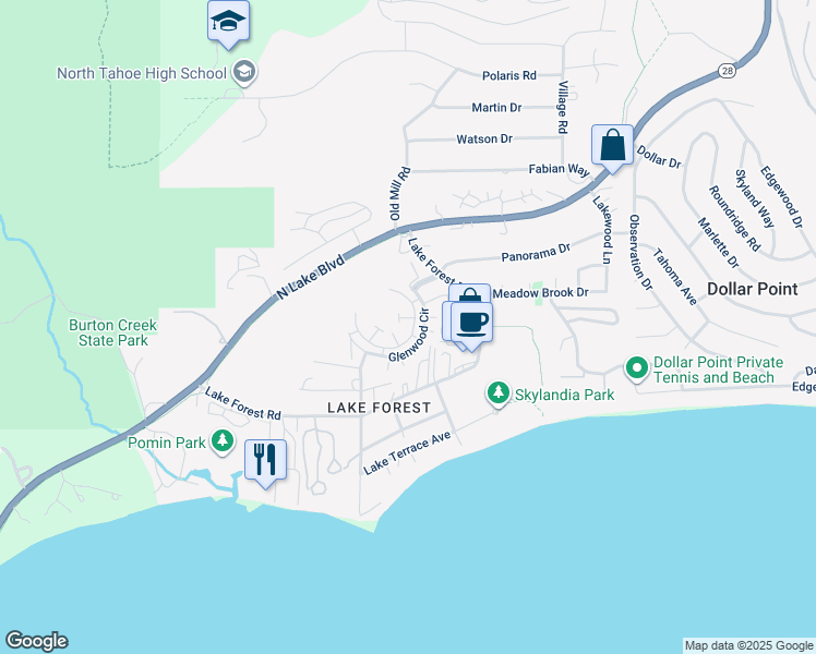 map of restaurants, bars, coffee shops, grocery stores, and more near 3101 Lake Forest Road in Tahoe City