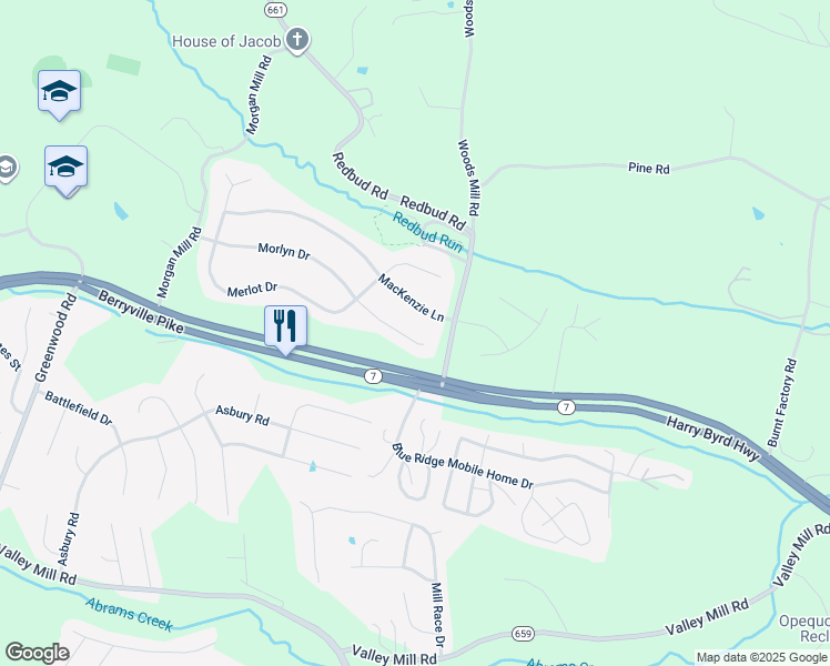 map of restaurants, bars, coffee shops, grocery stores, and more near 319 Morlyn Drive in Stephenson