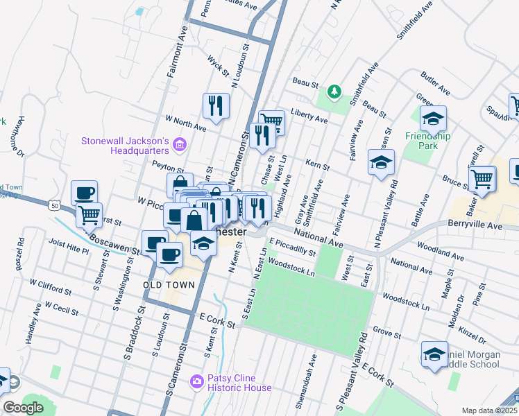 map of restaurants, bars, coffee shops, grocery stores, and more near 210 Baker Street in Winchester