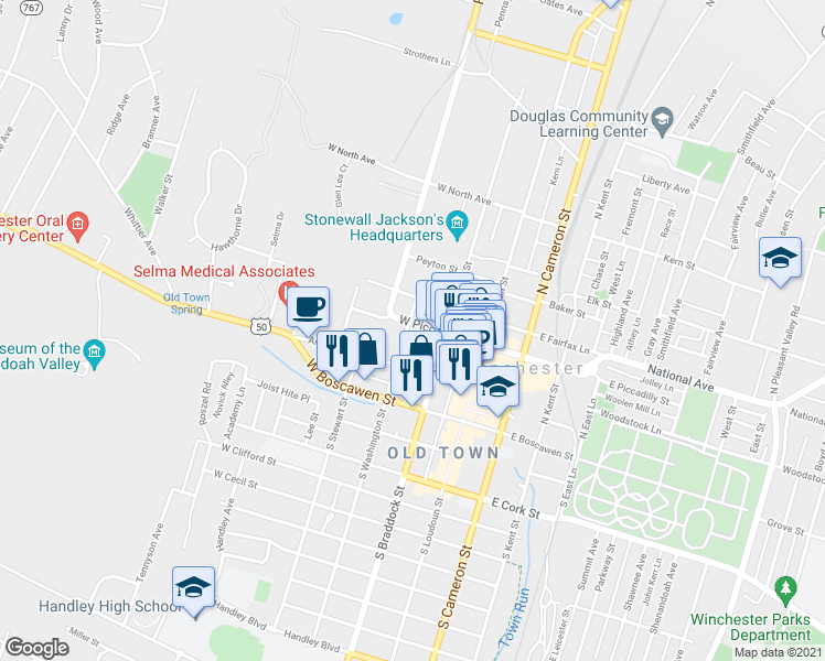 map of restaurants, bars, coffee shops, grocery stores, and more near 209 North Washington Street in Winchester