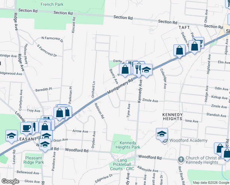 map of restaurants, bars, coffee shops, grocery stores, and more near 6603 Bantry Avenue in Cincinnati