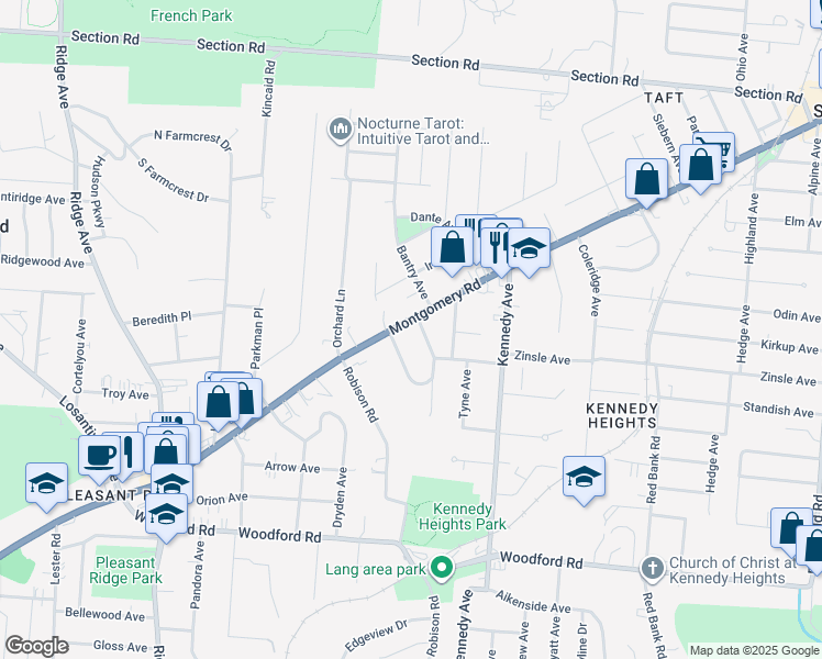 map of restaurants, bars, coffee shops, grocery stores, and more near 6603 Bantry Avenue in Cincinnati