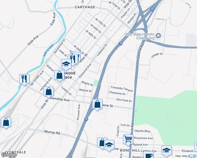 map of restaurants, bars, coffee shops, grocery stores, and more near 6496 Hasler Lane in Elmwood Place