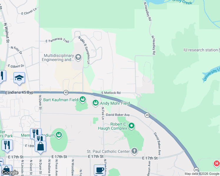 map of restaurants, bars, coffee shops, grocery stores, and more near 2201-2573 N Browncliff Ln in Bloomington