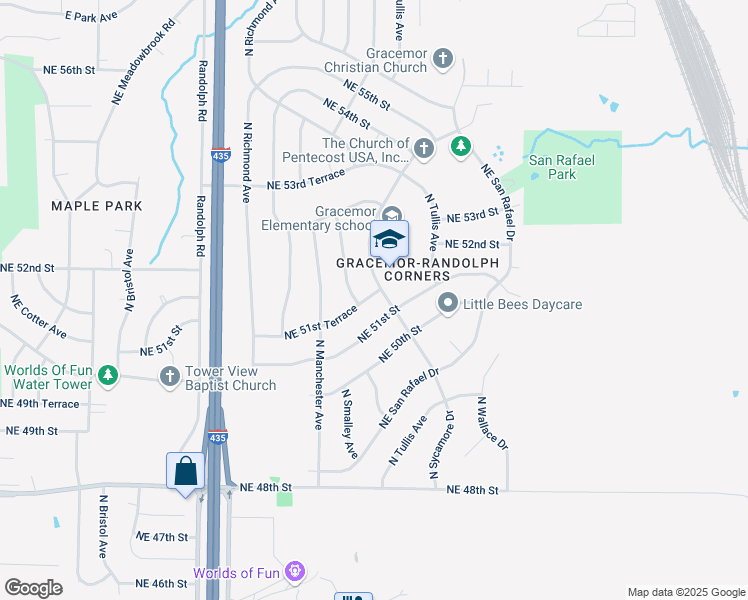 map of restaurants, bars, coffee shops, grocery stores, and more near 5106 North Sycamore Drive in Kansas City
