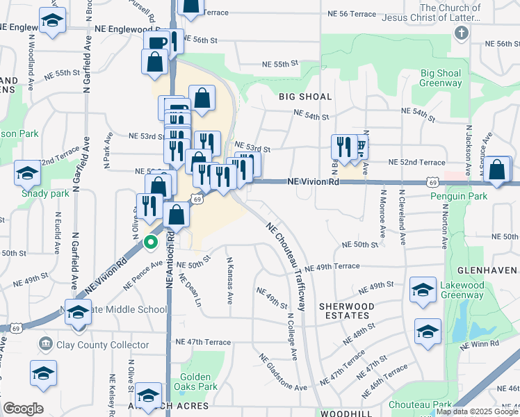 map of restaurants, bars, coffee shops, grocery stores, and more near 3009 U.S. 69 in Kansas City