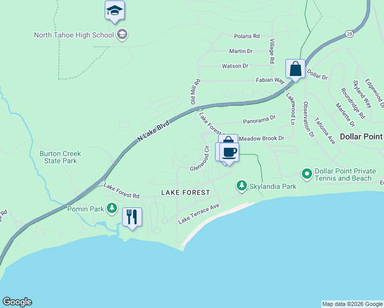 map of restaurants, bars, coffee shops, grocery stores, and more near 3101 Lake Forest Road in Tahoe City