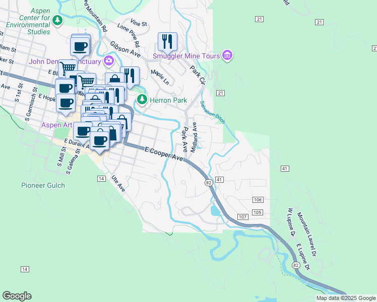 map of restaurants, bars, coffee shops, grocery stores, and more near 126 Park Avenue in Aspen