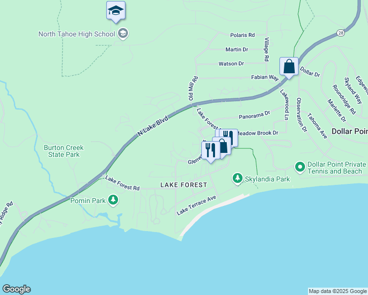 map of restaurants, bars, coffee shops, grocery stores, and more near 3101 Lake Forest Road in Tahoe City