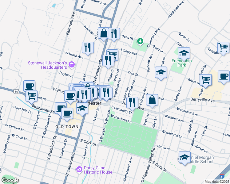 map of restaurants, bars, coffee shops, grocery stores, and more near 311 Highland Avenue in Winchester