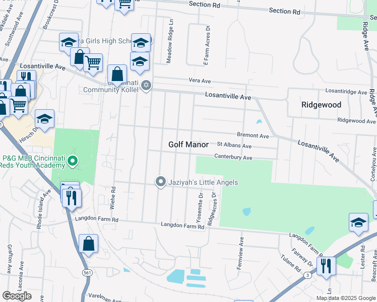 map of restaurants, bars, coffee shops, grocery stores, and more near in Golf Manor