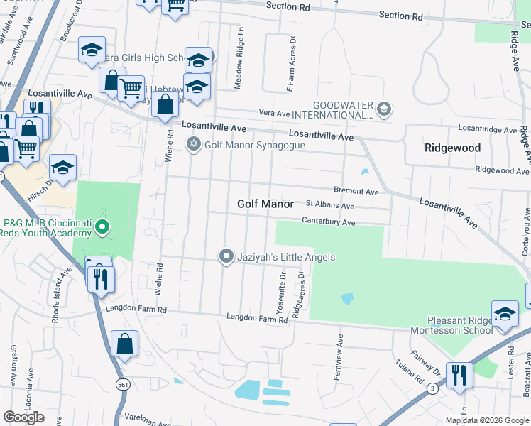 map of restaurants, bars, coffee shops, grocery stores, and more near in Golf Manor