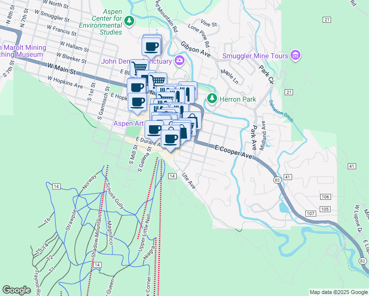 map of restaurants, bars, coffee shops, grocery stores, and more near 685 East Cooper Avenue in Aspen