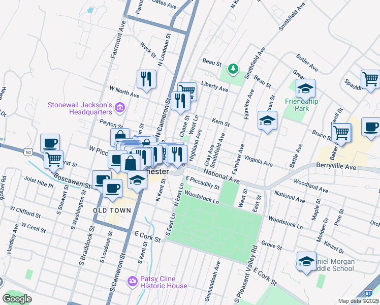 map of restaurants, bars, coffee shops, grocery stores, and more near 311 Highland Avenue in Winchester