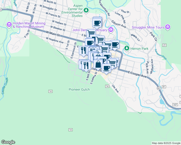 map of restaurants, bars, coffee shops, grocery stores, and more near 303 East Durant Avenue in Aspen