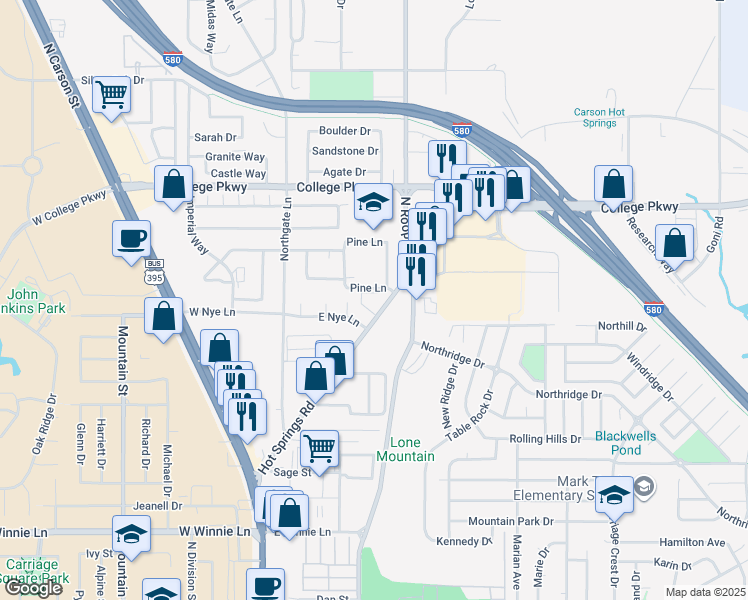 map of restaurants, bars, coffee shops, grocery stores, and more near 3218 North Roop Street in Carson City