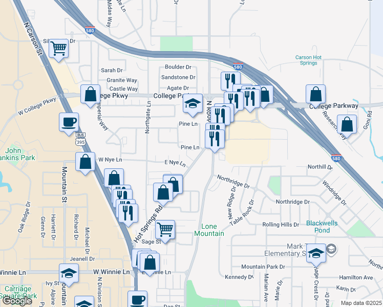 map of restaurants, bars, coffee shops, grocery stores, and more near 3218 North Roop Street in Carson City