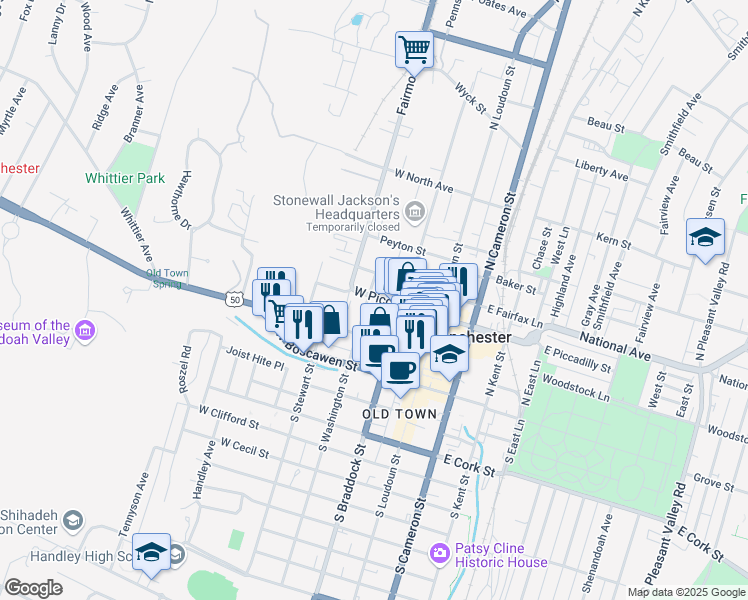 map of restaurants, bars, coffee shops, grocery stores, and more near 209 North Washington Street in Winchester