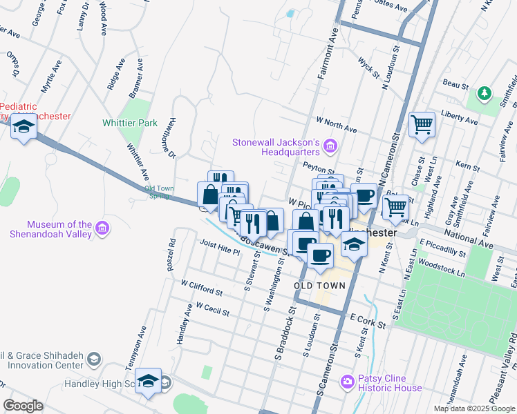 map of restaurants, bars, coffee shops, grocery stores, and more near 322 West Piccadilly Street in Winchester