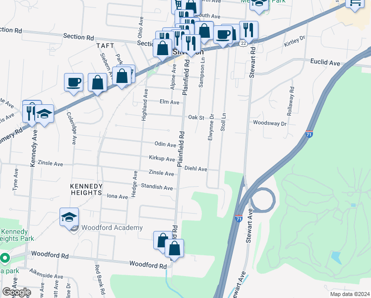 map of restaurants, bars, coffee shops, grocery stores, and more near 6610 Plainfield Road in Cincinnati