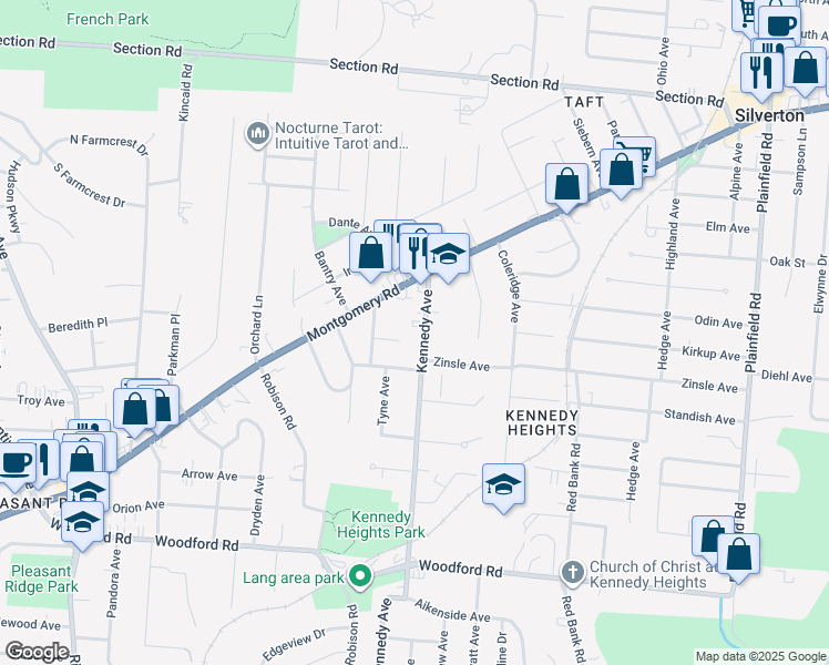 map of restaurants, bars, coffee shops, grocery stores, and more near 6433 Kennedy Avenue in Cincinnati