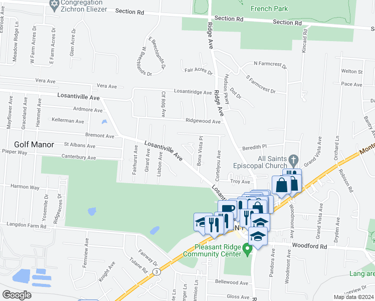 map of restaurants, bars, coffee shops, grocery stores, and more near 2848 Losantiville Terrace in Cincinnati