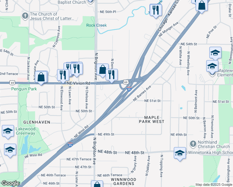map of restaurants, bars, coffee shops, grocery stores, and more near 5224 North Brighton Place in Kansas City