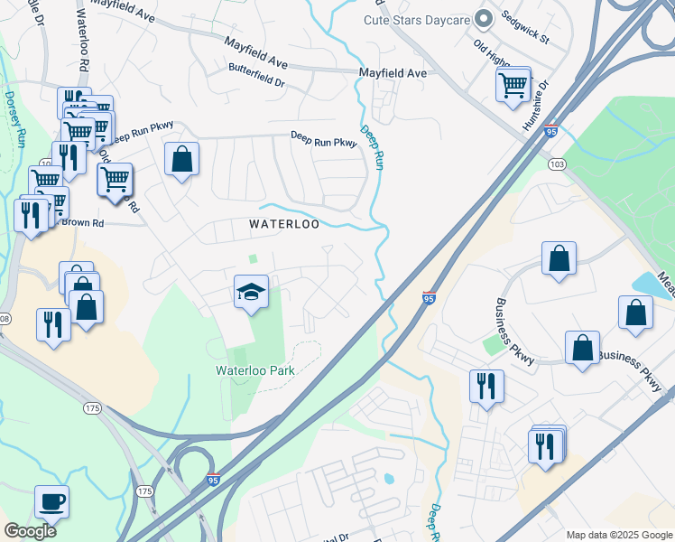 map of restaurants, bars, coffee shops, grocery stores, and more near 6731 Old Waterloo Road in Elkridge