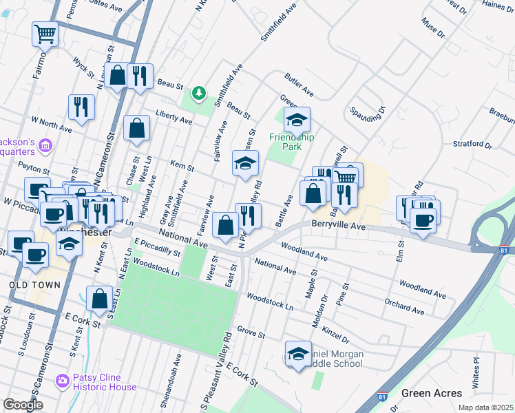 map of restaurants, bars, coffee shops, grocery stores, and more near 426 North Pleasant Valley Road in Winchester