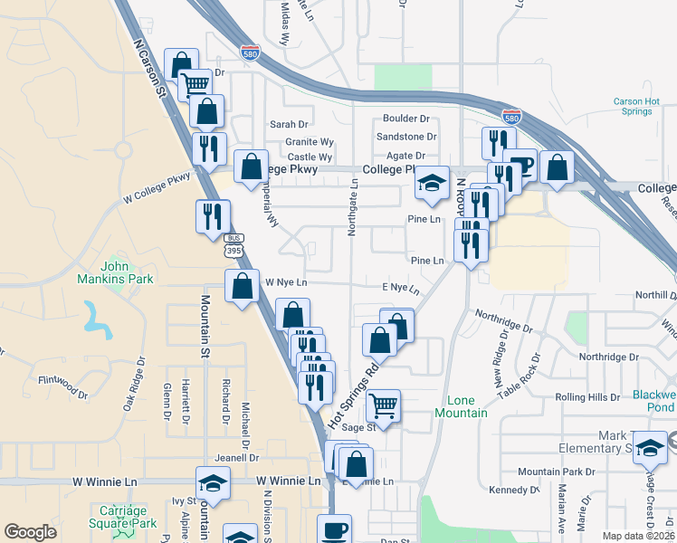 map of restaurants, bars, coffee shops, grocery stores, and more near 3005 Wingate Way in Carson City
