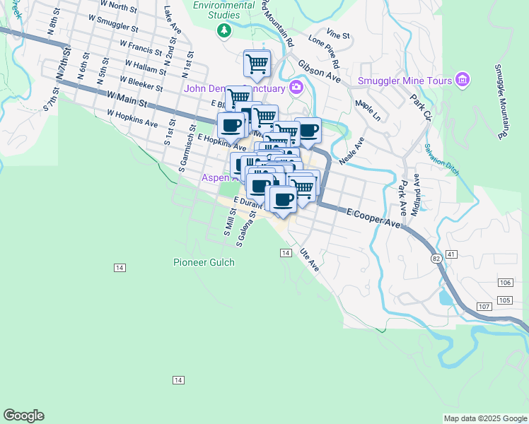 map of restaurants, bars, coffee shops, grocery stores, and more near 409 South Hunter Street in Aspen