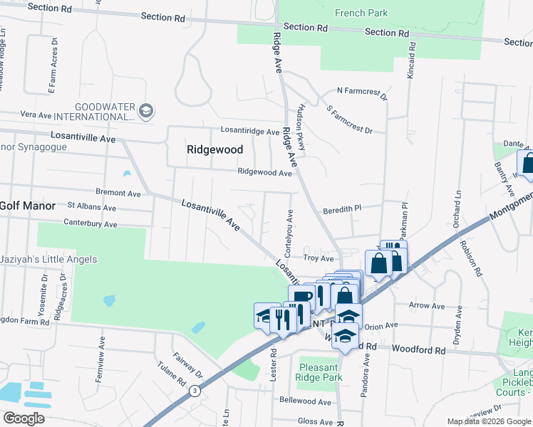 map of restaurants, bars, coffee shops, grocery stores, and more near 6240 Bona Vista Place in Cincinnati