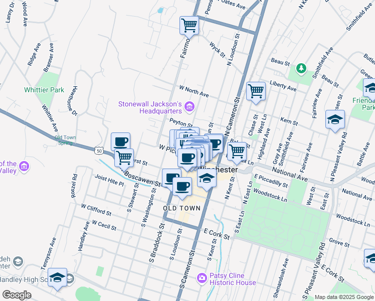 map of restaurants, bars, coffee shops, grocery stores, and more near 118 West Fairfax Lane in Winchester