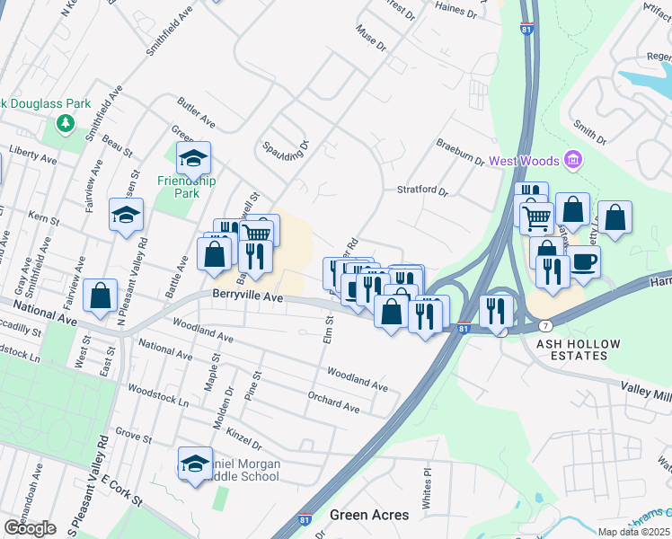 map of restaurants, bars, coffee shops, grocery stores, and more near 707 Fort Collier Road in Winchester