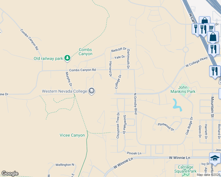 map of restaurants, bars, coffee shops, grocery stores, and more near 2028 College Drive in Carson City