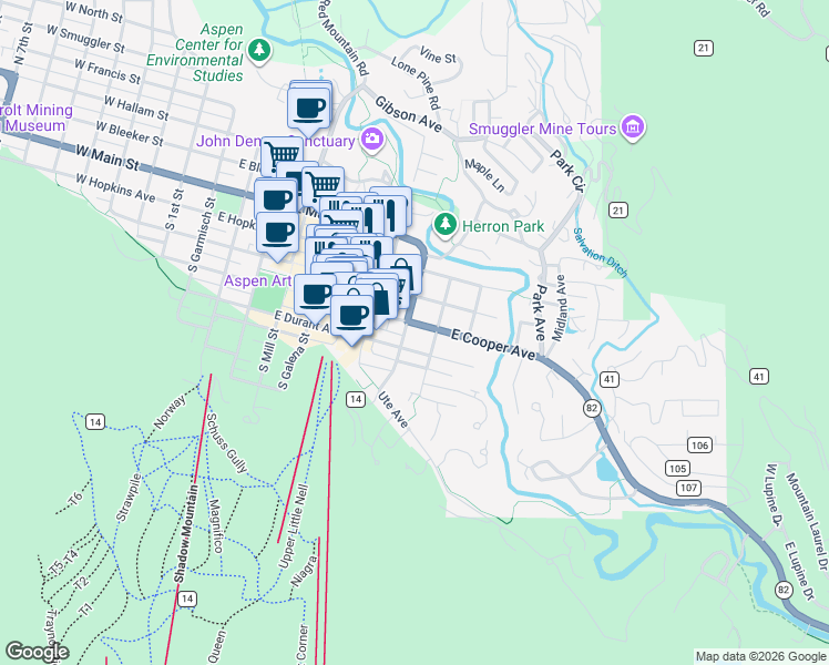 map of restaurants, bars, coffee shops, grocery stores, and more near 802 East Cooper Avenue in Aspen
