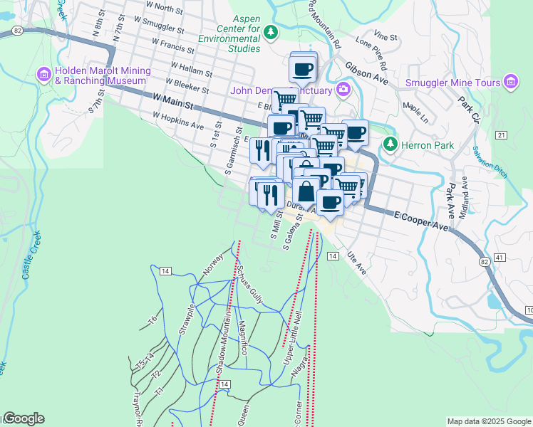 map of restaurants, bars, coffee shops, grocery stores, and more near 303 East Durant Avenue in Aspen