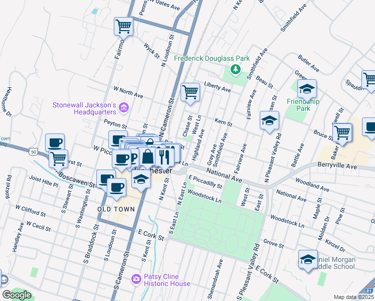 map of restaurants, bars, coffee shops, grocery stores, and more near 223 Baker Street in Winchester