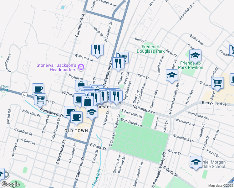 map of restaurants, bars, coffee shops, grocery stores, and more near 210 Baker Street in Winchester