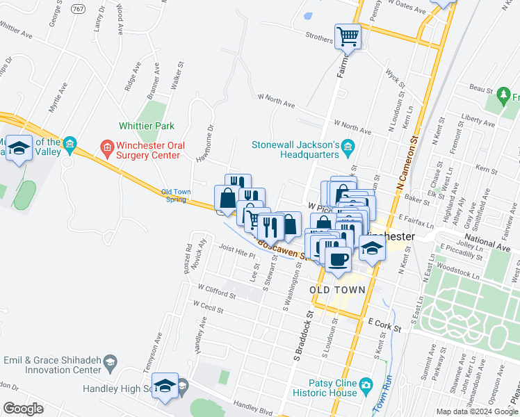 map of restaurants, bars, coffee shops, grocery stores, and more near 324 Amherst Street in Winchester