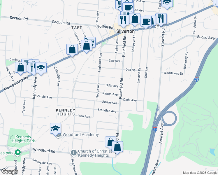map of restaurants, bars, coffee shops, grocery stores, and more near 3922 Odin Avenue in Cincinnati